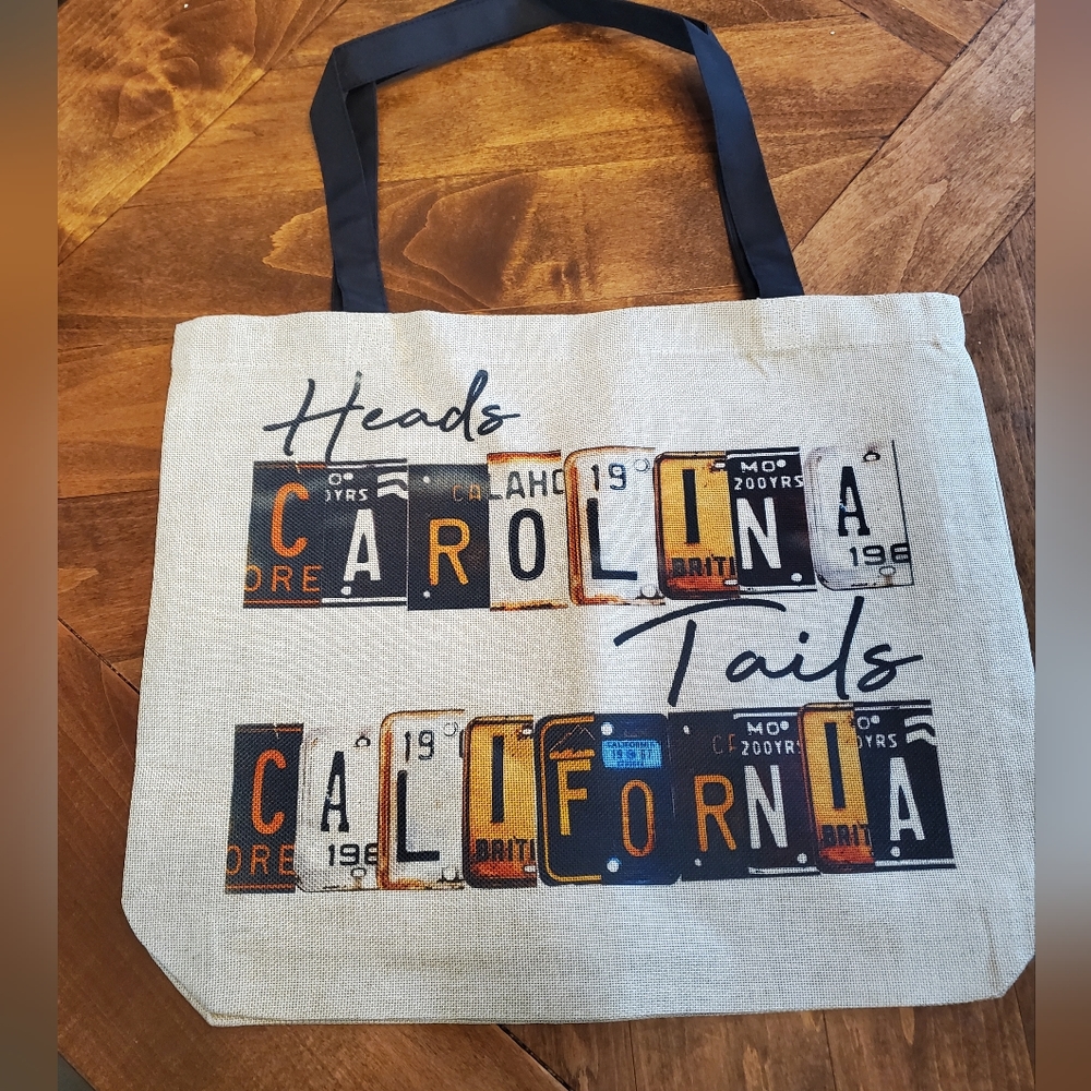 Heads CAROLINA Tails CALIFORNIA Burlap Tote Bag